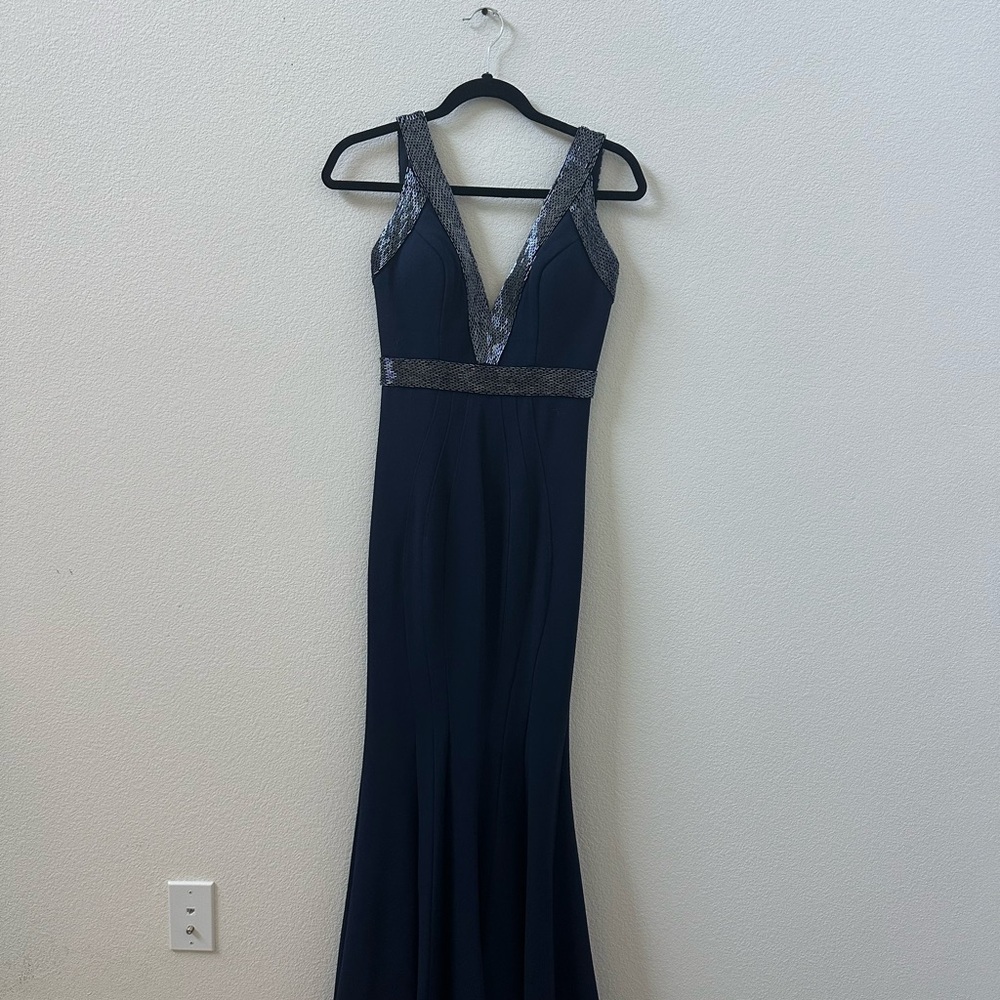 Jovani Navy Maxi Dress with Silver Shimmer Trim